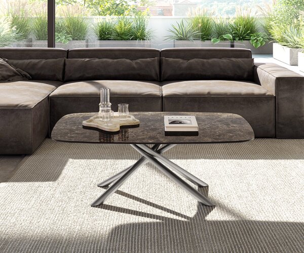 DELIFE Konferenční stolek Edge Boot 120x70 cm keramika Laminam® Emperador Extra Lucidato tmavě hnědá Sarity nerezová ocel broušená