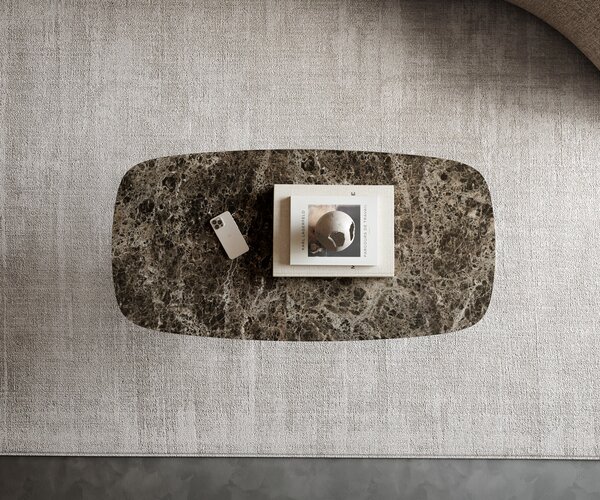 DELIFE Konferenční stolek Edge Boot 100x50 cm keramika Laminam® Emperador Extra Lucidato tmavě hnědá Sarity nerezová ocel broušená