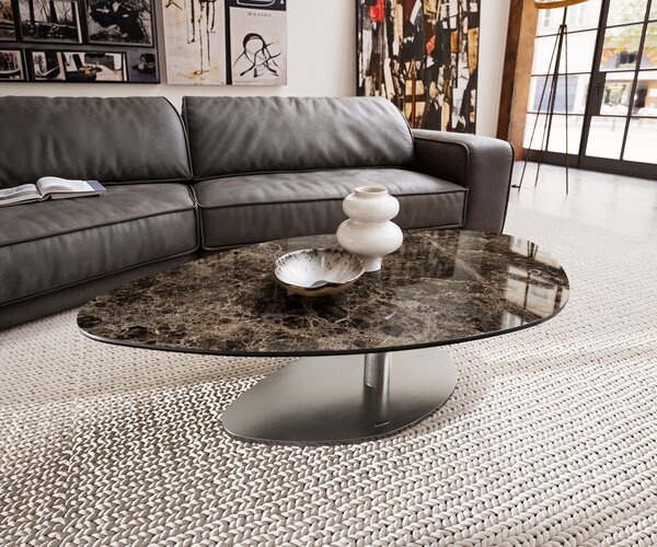 DELIFE Konferenční stolek Edge organický 140x76 cm keramika Laminam® Emperador Extra Lucidato tmavě hnědá Vibany nerezová ocel broušená