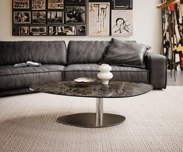 DELIFE Konferenční stolek Edge organický 140x76 cm keramika Laminam® Emperador Extra Lucidato tmavě hnědá Vibany nerezová ocel broušená