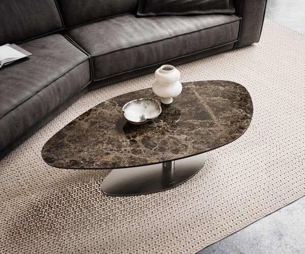 DELIFE Konferenční stolek Edge organický 140x76 cm keramika Laminam® Emperador Extra Lucidato tmavě hnědá Vibany nerezová ocel broušená