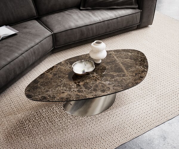 DELIFE Konferenční stolek Edge organický 140x76 cm keramika Laminam® Emperador Extra Lucidato tmavě hnědá Conis nerezová ocel kartáčovaná