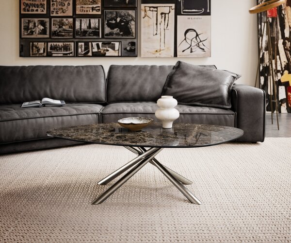 DELIFE Konferenční stolek Edge organický 140x76 cm keramika Laminam® Emperador Extra Lucidato tmavě hnědá Sarity nerezová ocel kartáčovaná