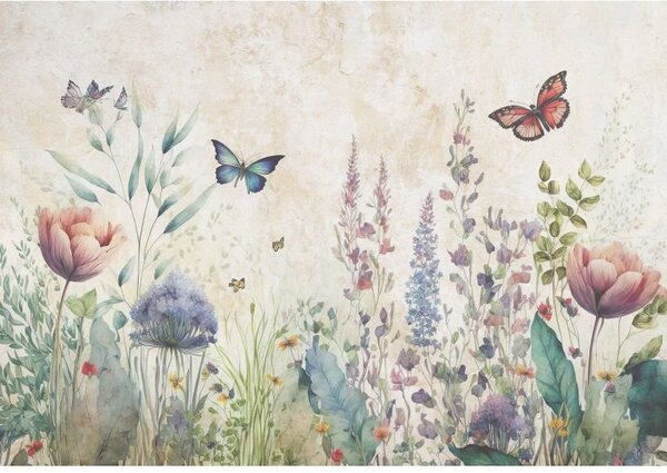 Postershop Fototapety vliesové: Nature meadow flowers butterflies - 254x184 cm