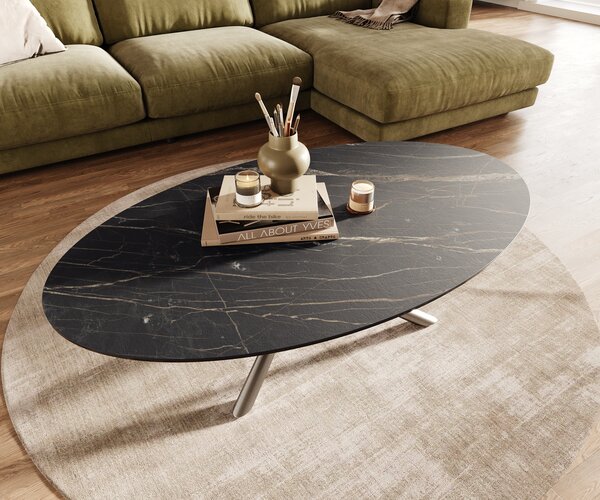 DELIFE Konferenční stolek Edge oválný 140x80 cm keramika Laminam® Noir Desir hnědá Sarity nerezová ocel broušená