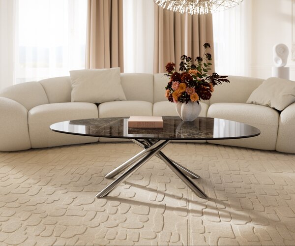 DELIFE Konferenční stolek Edge oválný 140x75 cm keramika Laminam® Emperador Extra Lucidato tmavě hnědá Sarity nerezová ocel broušená