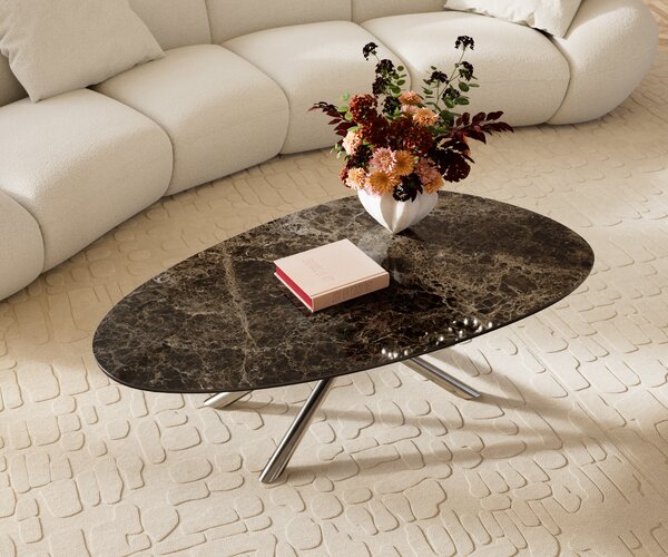 DELIFE Konferenční stolek Edge oválný 140x75 cm keramika Laminam® Emperador Extra Lucidato tmavě hnědá Sarity nerezová ocel broušená