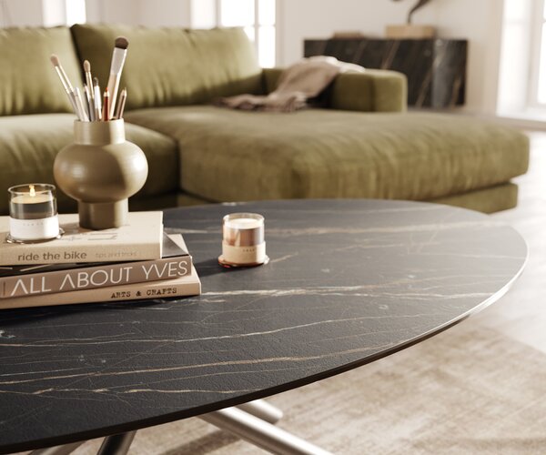 DELIFE Konferenční stolek Edge oválný 140x80 cm keramika Laminam® Noir Desir hnědá Sarity nerezová ocel broušená