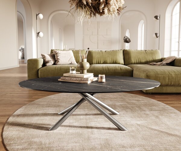 DELIFE Konferenční stolek Edge oválný 140x80 cm keramika Laminam® Noir Desir hnědá Sarity nerezová ocel broušená