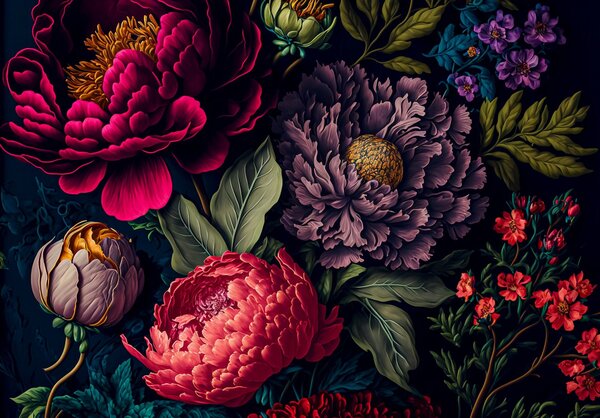 Postershop Flowers peonies painting leaves (1)Fototapety vliesové: - 368x254 cm
