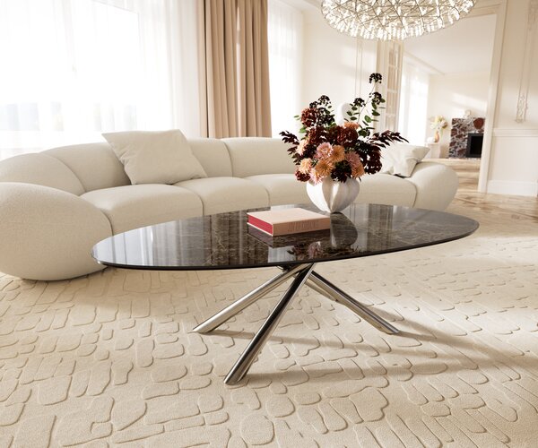 DELIFE Konferenční stolek Edge oválný 140x75 cm keramika Laminam® Emperador Extra Lucidato tmavě hnědá Sarity nerezová ocel broušená