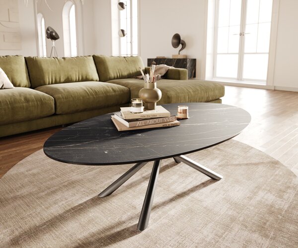 DELIFE Konferenční stolek Edge oválný 140x80 cm keramika Laminam® Noir Desir hnědá Sarity nerezová ocel broušená