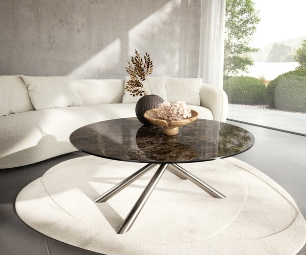DELIFE Konferenční stolek Edge kulatý 100x100 cm keramika Laminam® Emperador Extra Lucidato tmavě hnědá Sarity nerezová ocel broušená