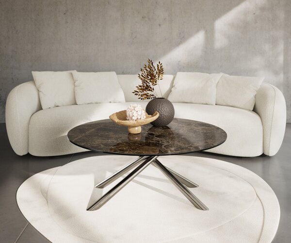 DELIFE Konferenční stolek Edge kulatý 100x100 cm keramika Laminam® Emperador Extra Lucidato tmavě hnědá Sarity nerezová ocel broušená