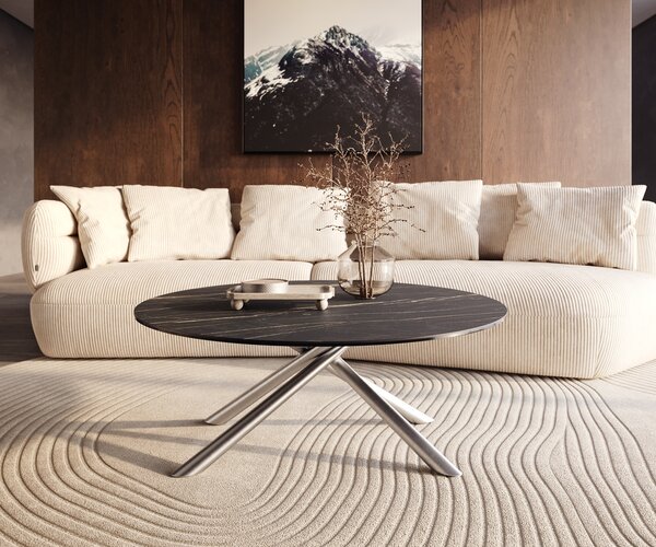 DELIFE Konferenční stolek Edge kulatý 100x100 cm keramika Laminam® Noir Desir hnědá Sarity nerezová ocel broušená