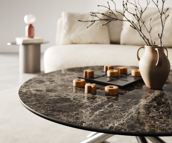 DELIFE Konferenční stolek Edge kulatý 90x90 cm keramika Laminam® Emperador Extra Lucidato tmavě hnědá Sarity nerezová ocel broušená
