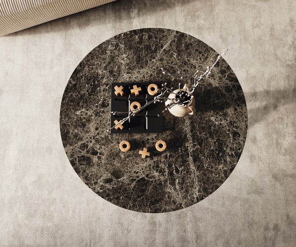 DELIFE Konferenční stolek Edge kulatý 90x90 cm keramika Laminam® Emperador Extra Lucidato tmavě hnědá Sarity nerezová ocel broušená