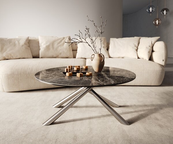 DELIFE Konferenční stolek Edge kulatý 90x90 cm keramika Laminam® Emperador Extra Lucidato tmavě hnědá Sarity nerezová ocel broušená