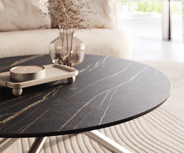 DELIFE Konferenční stolek Edge kulatý 100x100 cm keramika Laminam® Noir Desir hnědá Sarity nerezová ocel broušená