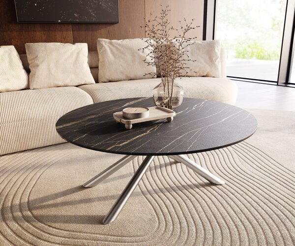 DELIFE Konferenční stolek Edge kulatý 100x100 cm keramika Laminam® Noir Desir hnědá Sarity nerezová ocel broušená
