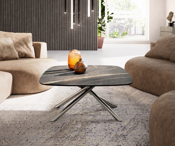 DELIFE Konferenční stolek Edge Boot 90x90 cm keramika Laminam® Noir Desir hnědá Sarity nerezová ocel broušená