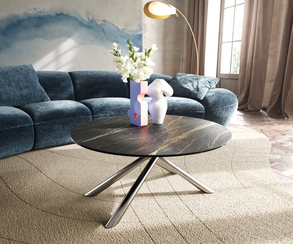 DELIFE Konferenční stolek Edge kulatý 90x90 cm keramika Laminam® Noir Desir hnědá Sarity nerezová ocel broušená
