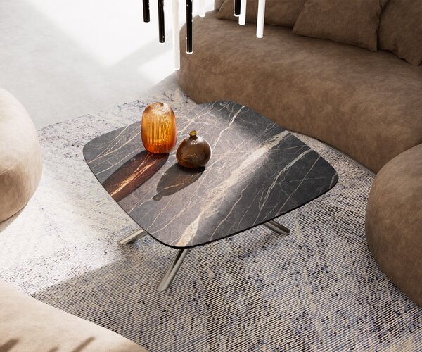 DELIFE Konferenční stolek Edge Boot 90x90 cm keramika Laminam® Noir Desir hnědá Sarity nerezová ocel broušená