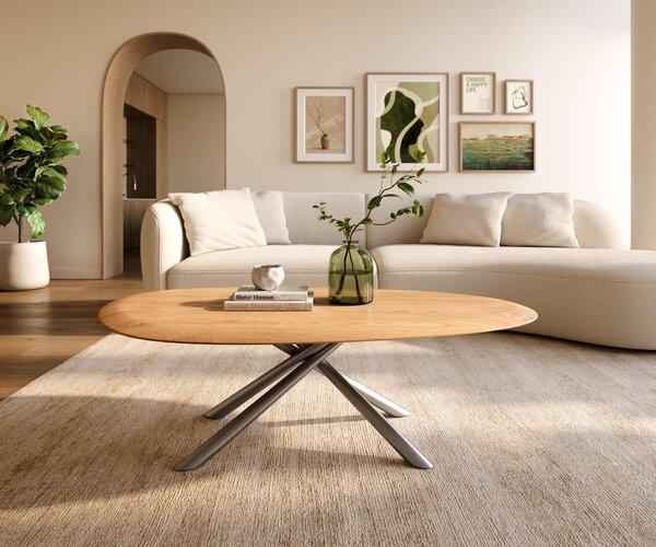 DELIFE Konferenční stolek Edge oválný 140x75 cm dub přírodní kulatá hrana Sarity nerezová ocel broušená