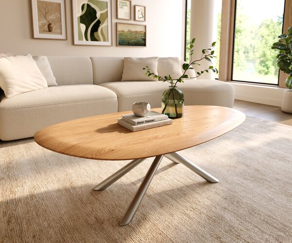 DELIFE Konferenční stolek Edge oválný 140x75 cm dub přírodní kulatá hrana Sarity nerezová ocel broušená