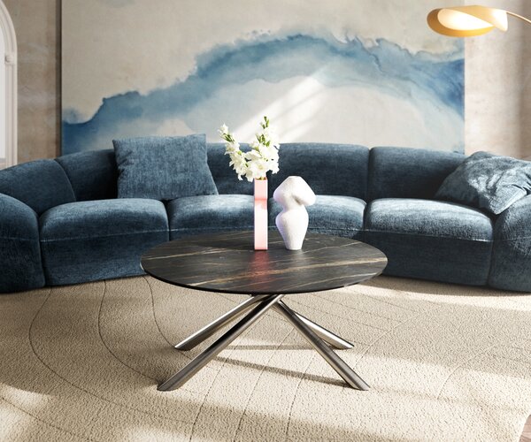 DELIFE Konferenční stolek Edge kulatý 90x90 cm keramika Laminam® Noir Desir hnědá Sarity nerezová ocel broušená