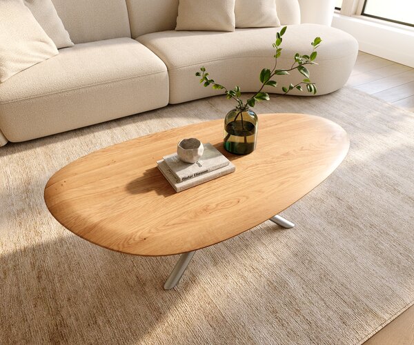 DELIFE Konferenční stolek Edge oválný 140x75 cm dub přírodní kulatá hrana Sarity nerezová ocel broušená