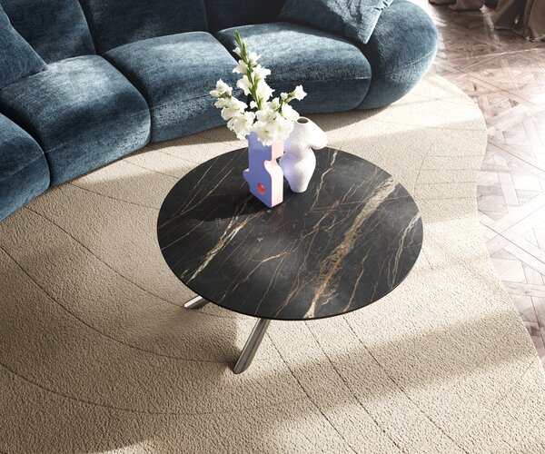 DELIFE Konferenční stolek Edge kulatý 90x90 cm keramika Laminam® Noir Desir hnědá Sarity nerezová ocel broušená