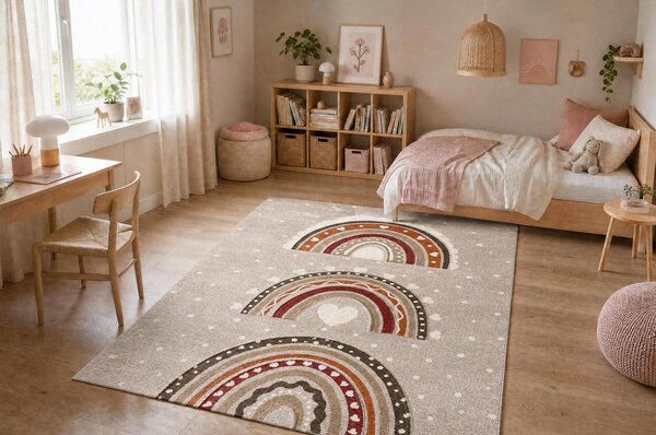 Makro Abra Dětský kusový koberec KIDDO 4426 Duha Srdíčka béžový krémový Rozměr: 80x150 cm