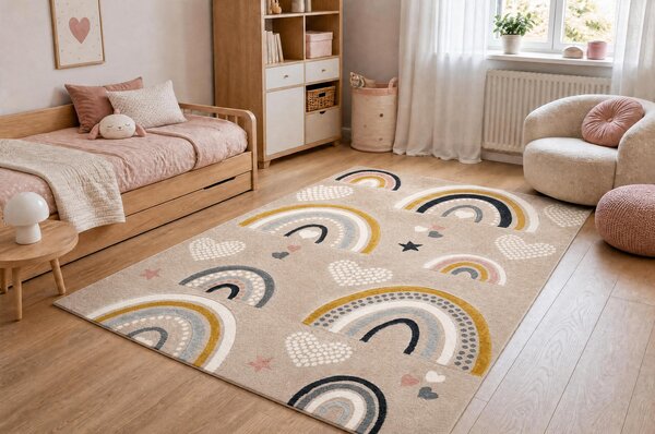 Makro Abra Dětský kusový koberec KIDDO 6109 Duha Srdíčka krémový bílý Rozměr: 80x150 cm