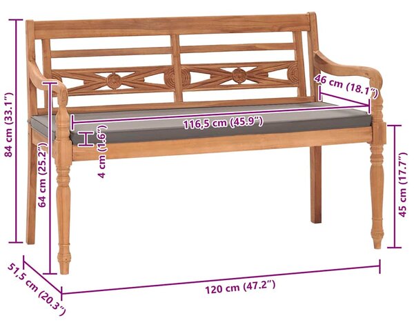 Lavice Batavia s tmavě šedou poduškou 120 cm masivní teak 316030