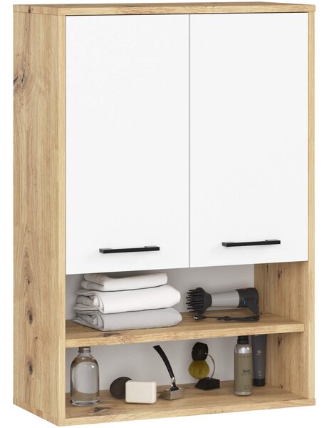 Ak furniture Závěsná koupelnová skříňka Fin W64 2D 64 cm bílá/dub artisan