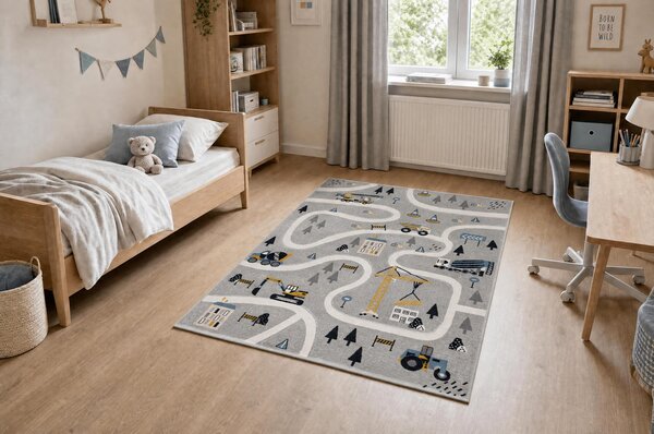 Makro Abra Dětský kusový koberec KIDDO 6111 Uličky Auto Traktor Jeřáb světle šedý bílý Rozměr: 120x170 cm