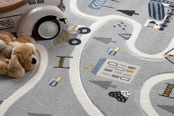 Makro Abra Dětský kusový koberec KIDDO 6111 Uličky Auto Traktor Jeřáb světle šedý bílý Rozměr: 120x170 cm