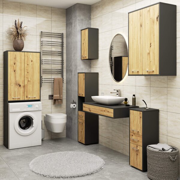 Ak furniture Závěsná koupelnová skříňka Fin W64 64 cm grafit/dub artisan