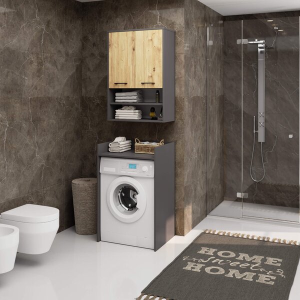 Ak furniture Závěsná koupelnová skříňka Fin W64 2D 64 cm grafit/dub artisan