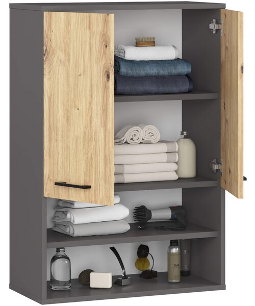 Ak furniture Závěsná koupelnová skříňka Fin W64 2D 64 cm grafit/dub artisan