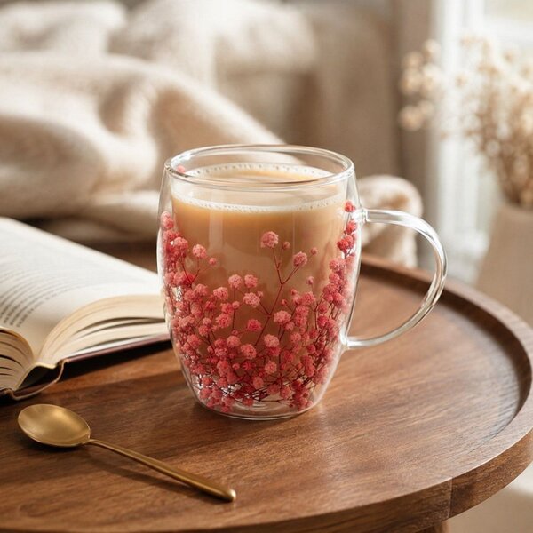 Dvoustěnná sklenice na kávu 300 ml SPRINGOS HA7574 s květy