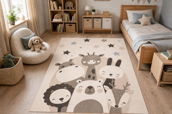 Makro Abra Dětský kusový koberec KIDDO 5637 Zvířátka Lev Hroch Medvěd Žirafa Zajíc krémový béžový Rozměr: 80x150 cm