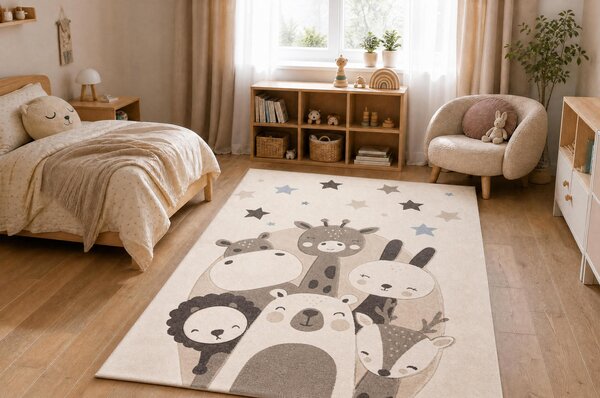 Makro Abra Dětský kusový koberec KIDDO 5637 Zvířátka Lev Hroch Medvěd Žirafa Zajíc krémový béžový Rozměr: 80x150 cm