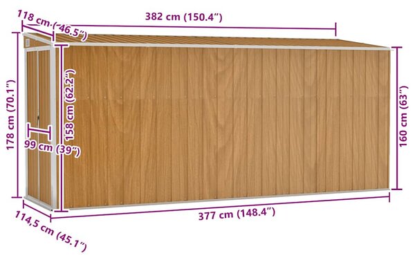 Nástěnný zahradní domek hnědý 118 x 382 x 178 cm pozinkovaná ocel 316232