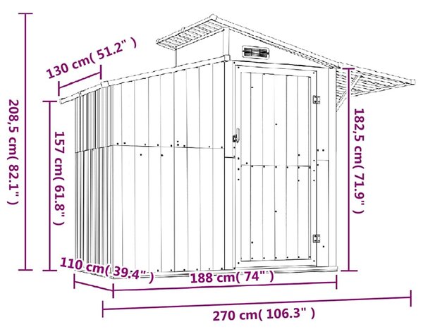 Zahradní kůlna hnědá 270 x 130 x 208,5 cm pozinkovaná ocel 316245