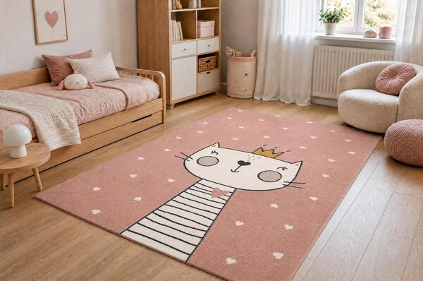 Makro Abra Dětský kusový koberec KIDDO 6106 Kočička Princezna Srdíčka růžový bílý Rozměr: 80x150 cm