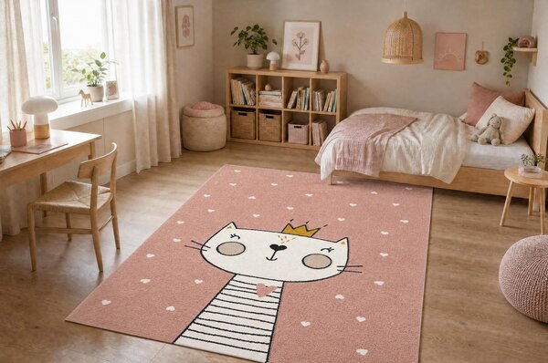 Makro Abra Dětský kusový koberec KIDDO 6106 Kočička Princezna Srdíčka růžový bílý Rozměr: 80x150 cm