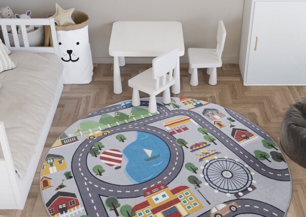 Kulatý dětský protiskluzový koberec ARES STREETS 160 cm šedá/město
