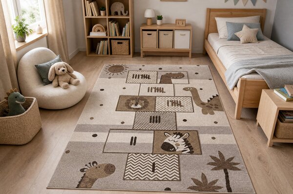 Makro Abra Dětský kusový koberec KIDDO 3868 Skákací Panák Zvířátka béžový krémový Rozměr: 80x150 cm